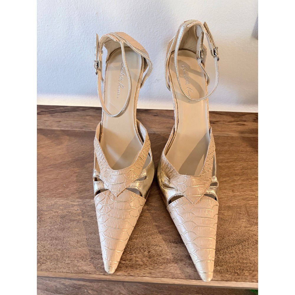 Y2K Charlotte Russe Gold‎ Snakeskin Pointed Toe Ankle Strap Stiletto Pumps Heels